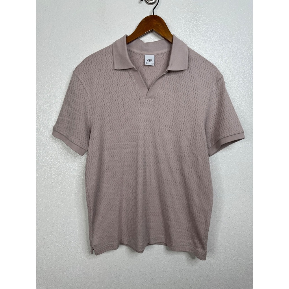 Zara Man Textured Pointelle Knit Polo Shirt Mauve Pink V-Neck Short Sleeve Small